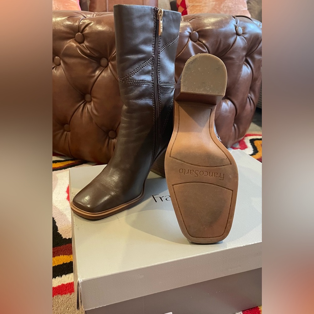 Franco Sarto Brown Leather Mid-Calf Block Heel Boots - Picture 3 of 4